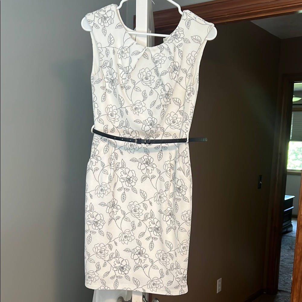 Mystic Black and White Sheath Midi Dress with Cap Sleeves